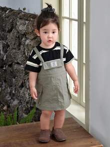 DAZY 2pcs/Set Toddler Girls' Casual Striped Short Sleeve T-Shirt And Suspender Skirt Set - Army Green - View 12
