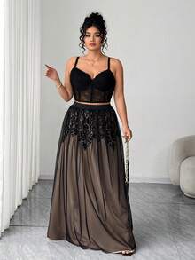 Elenzga Plus Size Women's Positioning Printed Black Mesh Skirt, & Elegant For Autumn/Winter,Wedding,Graduation,Holidays,Valentine's Day,Parties,Outings - Black - View 5