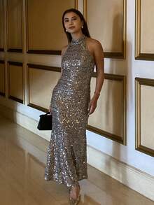 Livesso 银色亮片休闲修身中长连衣裙，适合婚礼宾客、派对、宴会等场合，闪亮连衣裙 - 銀色 - 查看 1