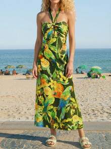 CAJUNI Women's Casual Vacation Tropical Parrot Party Lemon Yellow & Green Print Halter Neck Sleeveless Midi Dress, Date Outfit, Casual Elegant Dress, Outdoor Dress, Sundresses For Women Vacation, Green Beach Dress, Tropical Dresses For Women, Aloha Dress