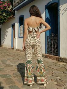 CAJUNI Pantalones lindos con estampado tropical de chintz para vacaciones tropicales - Caqui - Ver 3