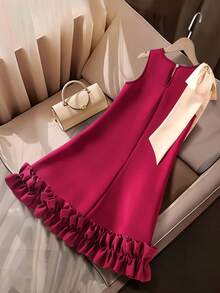 SHEIN Girls' Elegant Detachable Big Bow Decor Sleeveless A-Line Patchwork Pleated Hem Dress, Suitable For Daily, Party, And Formal Occasions, Spring/Summer - Red - View 2