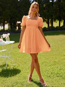 女士夏季度假风方领泡泡袖收腰短裙 - 珊瑚橙 - 查看 5