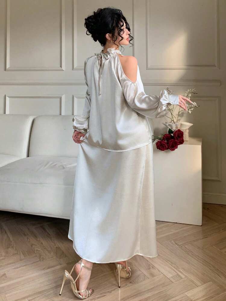Spring/Summer Elegant Off-Shoulder 2 Pieces Set, White Top And Straight Skirt, Suitable For Dates, Weddings, Casual And Work Wear
