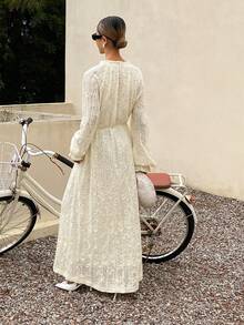 Livesso Frühlings- und Sommer-Loose Lässig Urlaubsstil Hohlspitze Kleid mit geraffter Taille, weißes knöchellanges Kleid für Frauen - Beige - Übersicht 6