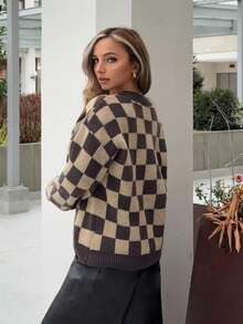 Jeta Ari 女款棋盘格图案针织开衫，长袖上衣，秋季格子服装 - 棕色 - 查看 3