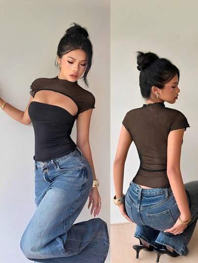 Siren Gaze Women's Spring/Summer Black Sheer Mesh Patchwork Short-Sleeve T-Shirt, Slim Fit Off-Shoulder Design, Sheer Mesh Base Layer