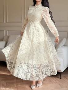 DAZY Đầm ren cổ đứng tay phồng đính cườm thanh lịch dành cho nữ, thích hợp làm đầm dự tiệc cưới mùa xuân/hè. - Màu be - Xem 9