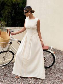 Livesso Summer Holiday Outfit, Boat Neck Sleeveless Waist Cinched Party/Wedding Guest Greek Style Mid-Length Dress For Women - Beige - View 5