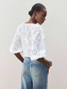 Maija Women's White V-Neck Front Button Casual Beach Vacation Style Shirt, Embroidered Hollow-Out Fabric, Lantern Sleeve, Slim Fit, Hawaiian Style Top - White - View 5