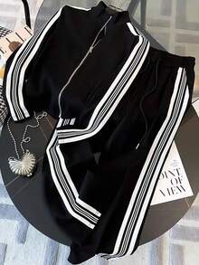 Resyla 2件套撞色条纹夹克和裤子休闲套装 - 彩色 - 查看 3