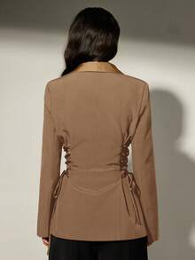Aveloria Modichic Áo blazer nữ bằng vải satin phối nhiều mảnh, kiểu dáng thanh lịch, thắt dây, thích hợp cho phong cách thường ngày. - Màu Khaki - Xem 2