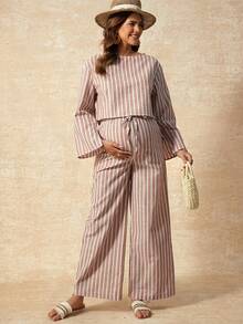 Boho Mama Maternity Two-Piece Cotton Set Colorful Striped Pullover Shirt With Slit Cuffs,Adjustable Elastic Waist Trousers,White,Autumn,Boho,Holiday Vacation - Multicolor - View 3