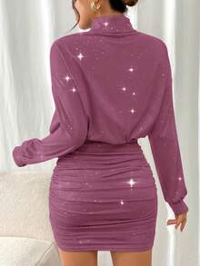 SHEIN Frenchy 女士优雅水钻装饰高领灯笼袖褶皱修身迷你连衣裙，秋季 - 酒紅色 - 查看 2