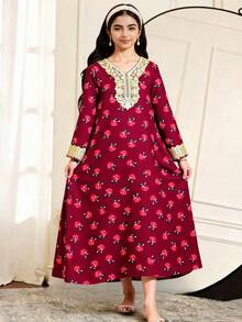 SHEIN Langes Kleid für Teenager-Mädchen mit gewebtem Platzierungsdruck und goldenem Applikation, locker geschnitten, geeignet für Reisen, Urlaub, Landstil, lässigen Badeort, Boho-Stil, passend zu Schwester- und Eltern-Kind-Outfits - Bordeaux - Übersicht 12