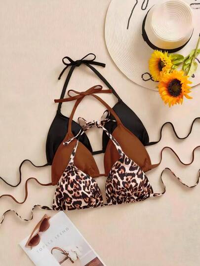 Swim SXY 3pcs Plus Size Women Swimsuit Top, Black & White Leopard Print, Adjustable Spaghetti Strap, Minimalist Daily Wear Bikini Top