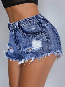 SHEIN ICON 大码女式时尚休闲做旧毛边水洗牛仔短裤，夏季 - 中等水洗藍 - 查看 1