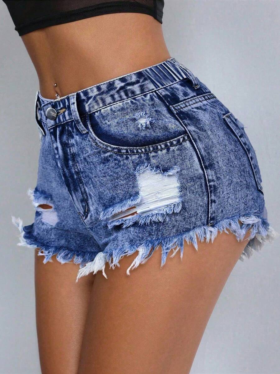 SHEIN ICON 大码女式时尚休闲做旧毛边水洗牛仔短裤，夏季 - 中等水洗藍 - 查看 1