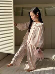 DAZY Young Girl Cartoon Print Long Sleeve Button-Up Top And Pants Pajama Set Spring - Apricot - View 10
