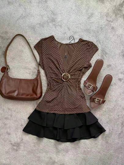 Glimmora Vintage Y2K Polka Dot Waist Cinched Ring Decor Short Sleeve Women Top