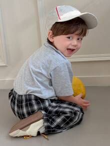 2pcs/Set Baby Boys' Round Neck Printed Casual T-Shirt And Plaid Casual Pants Set Summer - Grey - View 4