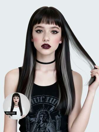 Grunge Punk Colored Clip In Hair Extensions 100% Real Human Hair 18 Inch 3Pcs Grey Invisible Straight Highlight Colorful Hairpieces Rainbow Hair Extension For Women/Girls