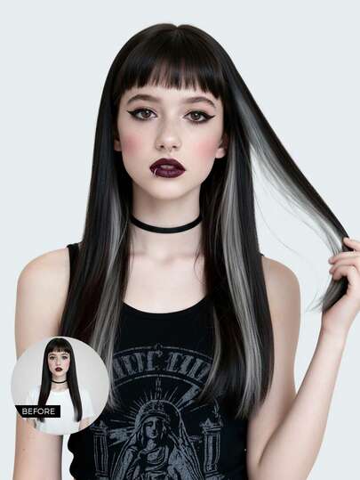 Grunge Punk Colored Clip In Hair Extensions 100% Real Human Hair 18 Inch 3Pcs Grey Invisible Straight Highlight Colorful Hairpieces Rainbow Hair Extension For Women/Girls