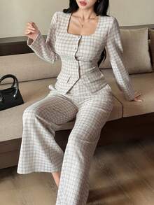 女士优雅仿口袋外套和阔腿裤两件套，春夏款，婚礼宾客礼服 - 杏色 - 查看 6