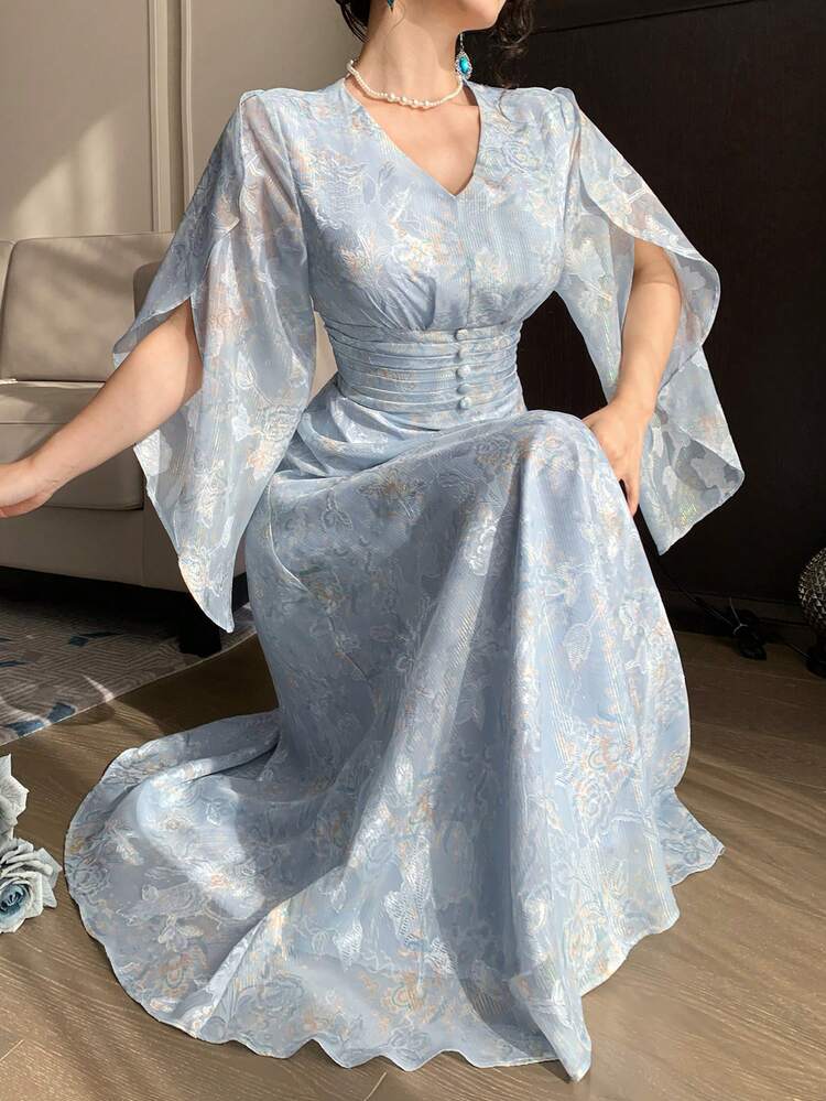 Women's Long Ditsy Floral Chiffon Dress, Elegant Ruffle Waist Design, Suitable For Spring, Summer, Vacation, Beach, Commute, Weddings And Dates Wedding Guest Dress Maxi Dress Sundress