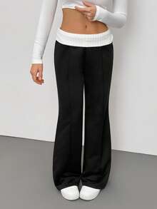 SHEIN Tall Women's Vintage Y2K Rib Knit White Turn-Down Collar Flare Pants, Casual Daily Wear Suitable For Spring/Summer Bell Bottom Pants Black Pants Black Flare Pants Flared Pants Pants Wide Leg - Black - View 5