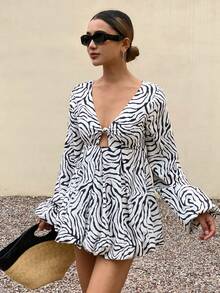 Livesso 女士斑马纹灯笼袖单扣花边下摆性感时尚长袖衬衫 - 白色 - 查看 4