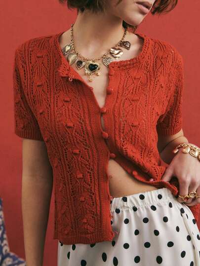 Poéselle Women's Vintage Cherry-Red Pointelle Knit Cardigan – Short-Sleeve Button-Front Lightweight Summer Layer Red Crochet Cardigan, Pointelle Knit Sweater, Short Sleeve Cardigan, Summer Knit Top, Openwork Cardigan, Lightweight Layer, Vintage Knitwear, Boho Lace Cardigan Solid Color Front Button Spring Knit Short Sleeve Sweater  Summer Holiday Outfits Summer Tops Spring Outfit Women Valentine's Day Beach Outfit Wedding Elegant Women's Blouses  Vacation Outfits Women Red Tops For Women