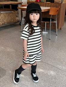 DAZY 2pcs/Set Baby Girl Round Neck Striped Korean Style Short Sleeve T-Shirt And Shorts Set Summer Baby Girls Clothes - Black and White - View 5