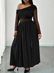 Truni Plus Size Women's Elegant Black Mesh Sheer Shoulder Dress,Autumn Formal Evening Night Out Club Dress For Pear & Triangle Curve - Black - View 6