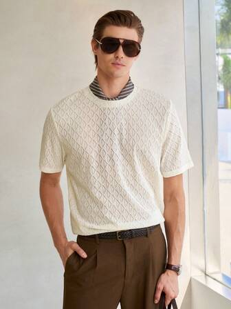 Manfinity CityGents Camiseta de manga corta de punto calado de unicolor para hombre, casual de verano, para vacaciones y uso diario