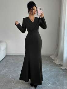 elegante y casual de mujer para uso diario, chic urbano, resort, tarde deé, Navidad, de lujo, con solapa asimétrica, botón en la cintura, manga larga, para primavera/otoño/invierno, - Negro - Ver 7