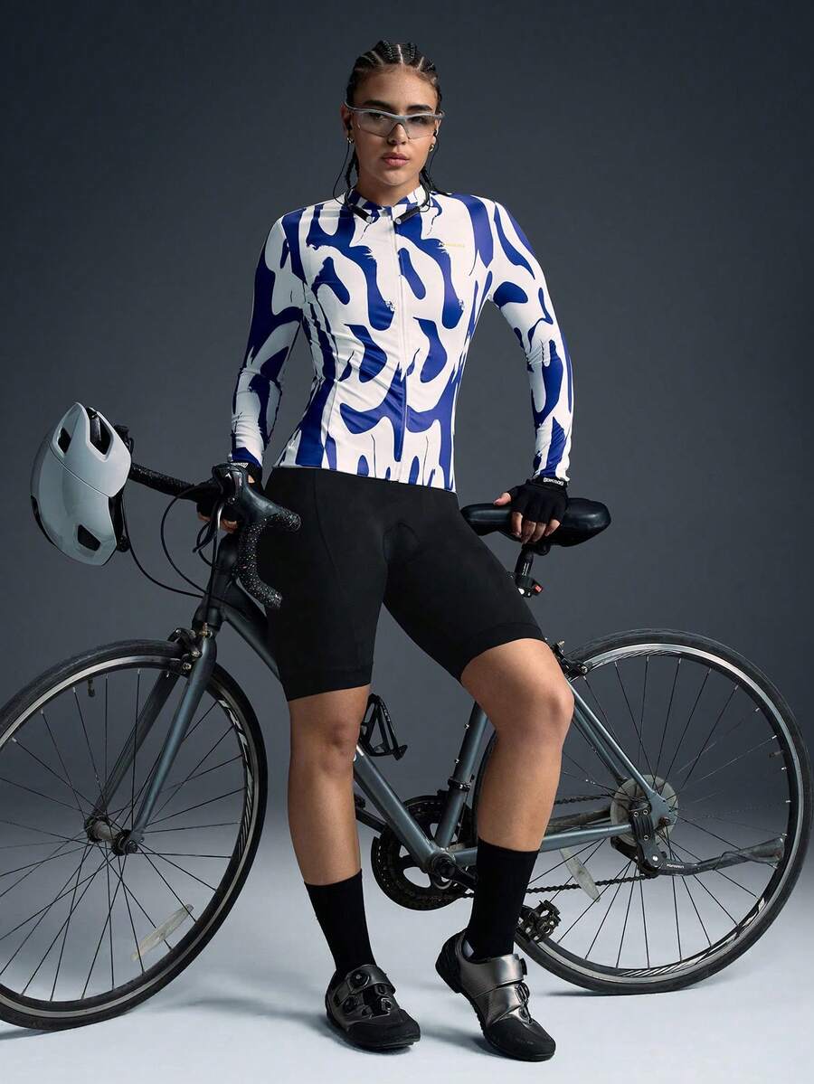 Powerista 女士棒球领拉链字母印花长袖夹克，休闲户外骑行服 - 藍白色 - 查看 1