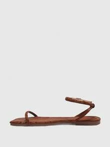 CUCCOO BIZCHIC Square Toe Minimalist Strap Flat Sandals For Women, Simple Fashion Commute Outdoor Summer Vacation Footwear Summer Shoes - Aurora Brown - View 10