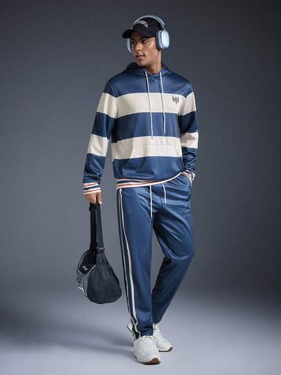 Driftmere 2 件男士休闲商务条纹印花抽绳连帽衫和运动裤套装，适合户外运动街头时尚运动服，秋季