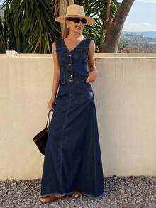 DAZY Women's Casual Washed Pocket Denim Vest & Skirt 2-Piece Set, Spring/Summer - Blue - View 3