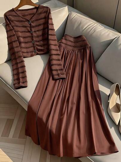  Franclia Women's Summer  Set, Jacquard Patchwork Satin Ribbon Long-Sleeved Top And Two-Piece Pleated Midi Skirt Casual Set, Button-Down, Suitable For Summer Sets , Christmas, New Year, Brown New Year Outfit, Party, Beach, Elegant Casual, Romantic, Valentine's Day, Date, Graduation Season Attire, Fashionable Casual Commuter Wear, Business Office Attire, Versatile Stylish Casual Daily Outfit,Carnival Costumes