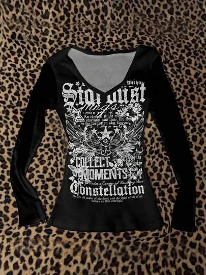  Attitoon Punk Wings, Heart And Cross Pattern V-Neck Long Sleeve T-Shirt, Suitable For Women, Halloween, Y2K Style, Streetwear, Retro, Back-To-School, Fall, Vacation, Casual Wear, Autumn/Winter, Hip-Hop, Style Core Aesthetics, Gothic, Cyber Gothic And Other Styles.