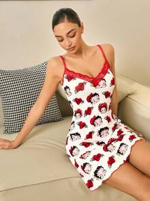 Betty Boop x SHEIN Women's Summer Contrast Lace Allover Print Camisole Sleep Dress