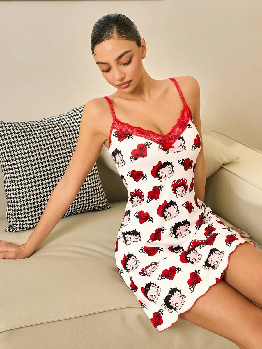 Betty Boop x SHEIN Women's Summer Contrast Lace Allover Print Camisole Sleep Dress