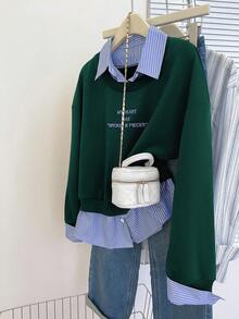 INAWLY Áo nỉ chui đầu dáng rộng thoải mái cho nữ có họa tiết sọc, ve áo, in khẩu hiệu và vai trễ, phù hợp cho mùa thu - Màu xanh lá cây đậm - Xem 3