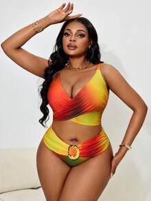 Slaydiva Plus Size Women's Tie Dye Print Front Circular Accent Bikini Swimwear Set - Multicolor - View 5