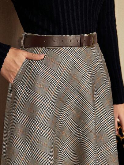 Vintamour Vintage Elegant Women Plaid Skirt With Pockets And Belt Casual Commute Holiday Long Skirt Summer Clothes Summer Holiday Outfits Spring Outfit Women Spring Break Outfits Spring Clothing Spring Skirt Women Winter Clothes For Women Casual Women Outfits Elegant Dresses For Women Elegant Skirt Women Elegant Dresses For Ladies