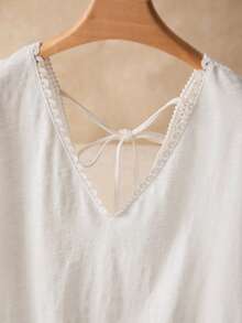 Elaquor Plus Size Casual Solid Color Short Sleeve T-Shirt, Summer, Summer Tops White Boho Top White Summer Tops - White - View 3