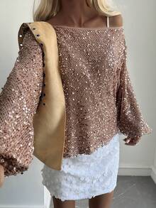 Livesso Women's Solid Color Sequin Off-Shoulder Long Sleeve Loose Top Carnival - Champagne - View 2