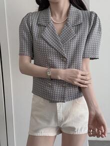 DAZY Women's Loose Business Casual Plaid Striped Color Block Short Jacket Cardigan Shirt, Suitable For Spring And Summer Office Wear - Black and White - View 4